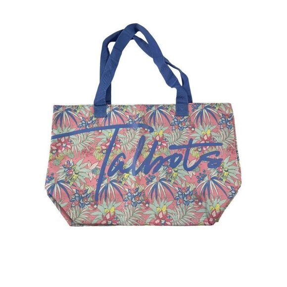 Talbots Tropical Print Logo Tote Bag Pink Periwinkle Beach Pool Shopping NWT - Picture 1 of 8